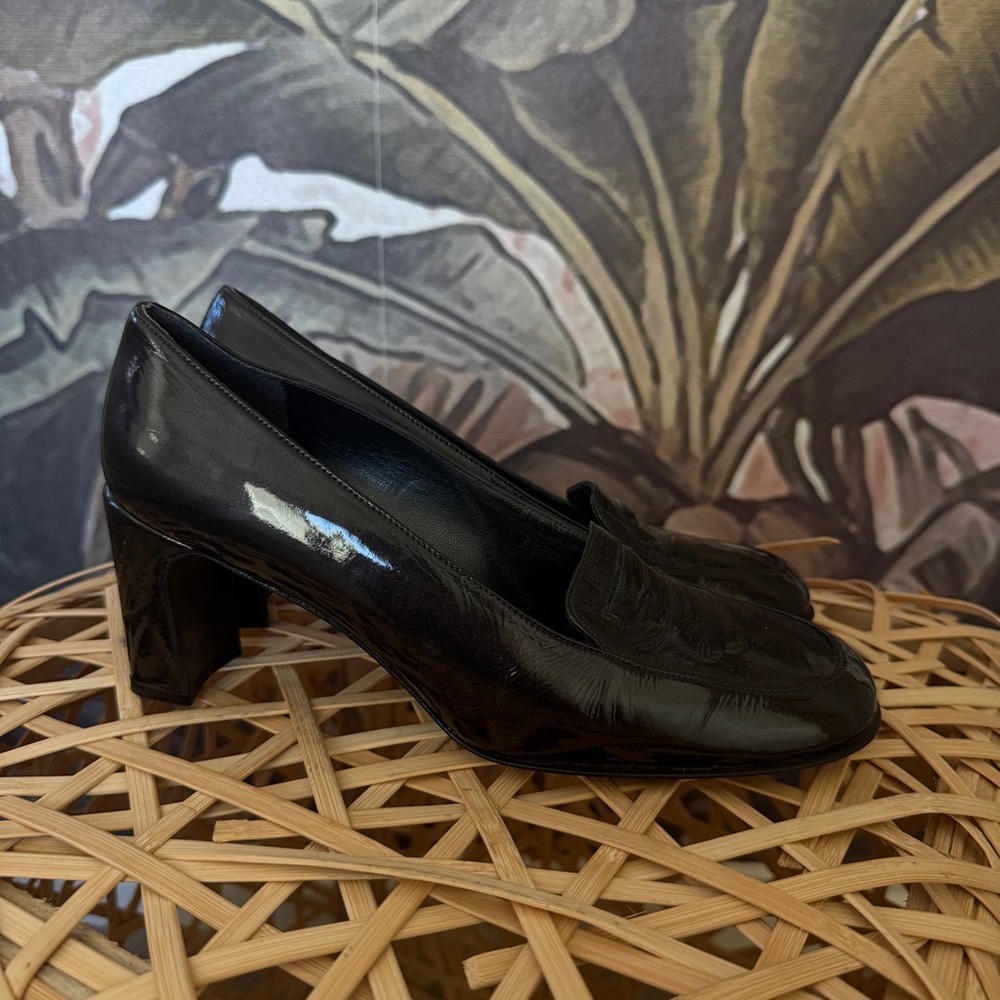 Stuart Weitzman Black Patent Leather Block Heel Loafers